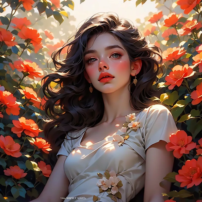 woman in a red dress sitting in a field of flowers, portrait of modern darna, beautiful retro art, by Rodolfo Escalera, woman in flowers, by Art Frahm, beautiful mexican woman, nature goddess, vintage pin up, by Sidney Simon, by Francisco Zúñiga, flower goddess, by Howard Lyon