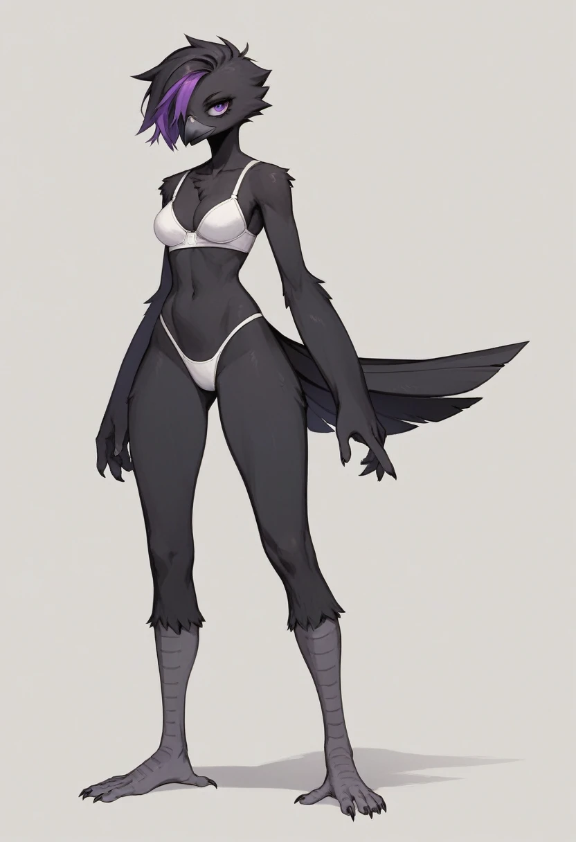 Score_9, score_8_up, score_7_up, flat colors,  an Anthro avian crow girl, female, small grey beak, tall, small crow tail, black body, standing, white background, purple eyes, short black emo hair, purple highlights in hair, hands with five fingers, wearing white bra, white thong, full body shot, barefoot, bird leg texture, bird arm texture,  5 toes, toe claws