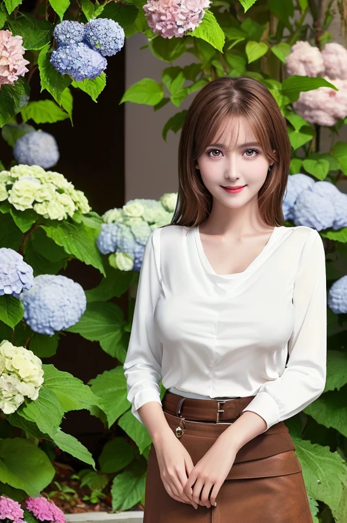 Tabletop, Highest quality, shape, Very detailed, In detail, High resolution, 8k wallpaper, Perfect dynamic composition, Beautiful attention to detail, Wavy long hair,Big breasts and natural lips, Sexy pose,smile,25-year-old woman、Beautiful woman、Looking into the camera、Ultra-realistic、(((reality:1.5))),(((White blouse、skirt、Brown Hair、Dark Eyes、Big and beautiful eyes:1.5)))、Standing posture、(((One Woman:1.5))),(((Japanese、rain、garden、Hydrangea)))