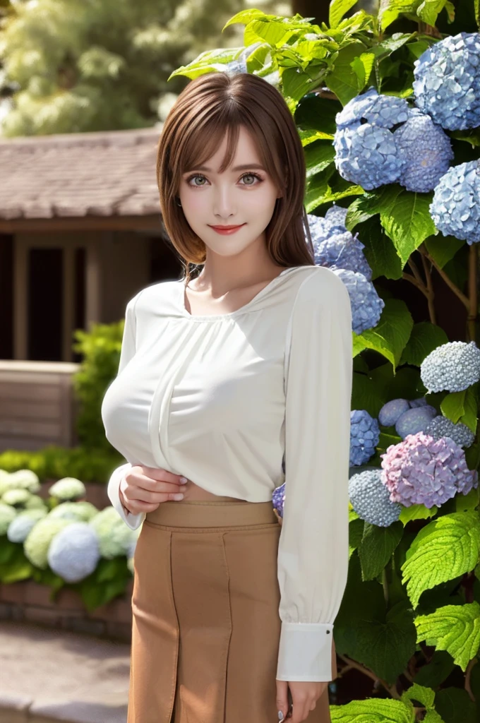 Tabletop, Highest quality, shape, Very detailed, In detail, High resolution, 8k wallpaper, Perfect dynamic composition, Beautiful attention to detail, Wavy long hair,Big breasts and natural lips, Sexy pose,smile,25-year-old woman、Beautiful woman、Looking into the camera、Ultra-realistic、(((reality:1.5))),(((White blouse、skirt、Brown Hair、Dark Eyes、Big and beautiful eyes:1.5)))、Standing posture、(((One Woman:1.5))),(((Japanese、rain、garden、Hydrangea)))