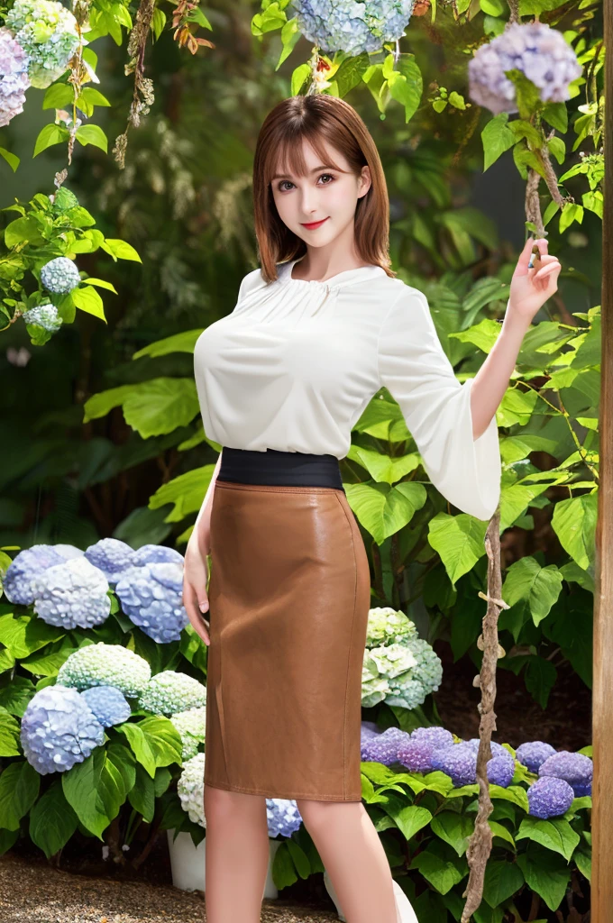 Tabletop, Highest quality, shape, Very detailed, In detail, High resolution, 8k wallpaper, Perfect dynamic composition, Beautiful attention to detail, Wavy long hair,Big breasts and natural lips, Sexy pose,smile,25-year-old woman、Beautiful woman、Looking into the camera、Ultra-realistic、(((reality:1.5))),(((White blouse、skirt、Brown Hair、Dark Eyes、Big and beautiful eyes:1.5)))、Standing posture、(((One Woman:1.5))),(((Japanese、rain、garden、Beautiful hydrangea flowers)))