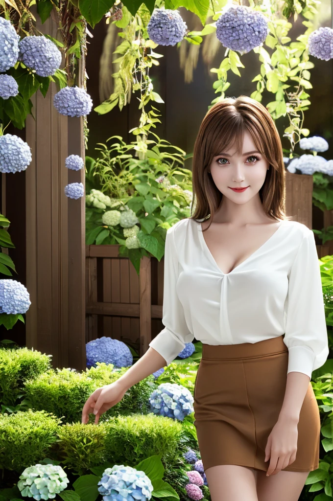 Tabletop, Highest quality, shape, Very detailed, In detail, High resolution, 8k wallpaper, Perfect dynamic composition, Beautiful attention to detail, Wavy long hair,Big breasts and natural lips, Sexy pose,smile,25-year-old woman、Beautiful woman、Looking into the camera、Ultra-realistic、(((reality:1.5))),(((White blouse、skirt、Brown Hair、Dark Eyes、Big and beautiful eyes:1.5)))、Standing posture、(((One Woman:1.5))),(((Japanese、rain、garden、Hydrangea)))