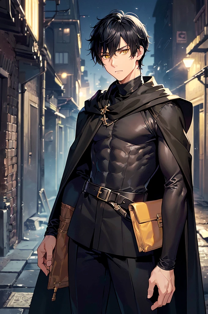 (masterpiece; best quality: 1.2), (finely detailed eyes: 1.3), ((25 year old man)), ((solo)), (yellow eyes: 1.4), (body; lithe, toned, masculine: 1.3), (very short black hair: 1.3), (beautiful and clear background: 1.2), ((depth of field)), (clothes: black assassin attire + black turtleneck +black pants + black cloak + belts + traveler pouches and satchel: 1.3), (anime illustration: 1.2), (background; slums alleyway + night: 1.1), (extremely fine and handsome: 1.1), (shot composition; standing + centered on torso + close-up: 1.5), (expression; calm, stoic: 1.2)