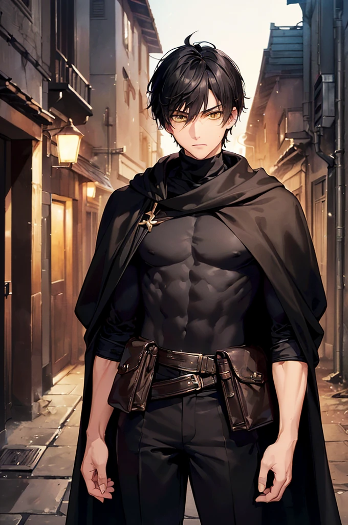(masterpiece; best quality: 1.2), (finely detailed eyes: 1.3), ((25 year old man)), ((solo)), (yellow eyes: 1.4), (body; lithe, toned, masculine: 1.3), (very short black hair: 1.3), (beautiful and clear background: 1.2), ((depth of field)), (clothes: black assin attire + black turtleneck + black pants + black fingerless gloves + black long cloak + leather bracers + belts + traveler pouches and satchel: 1.3), (anime illustration: 1.2), (background; medieval slums alleyway + night: 1.1), (extremely fine and handsome: 1.1), (shot composition; standing + centered on torso + close-up: 1.5), (expression; calm, stoic: 1.2)