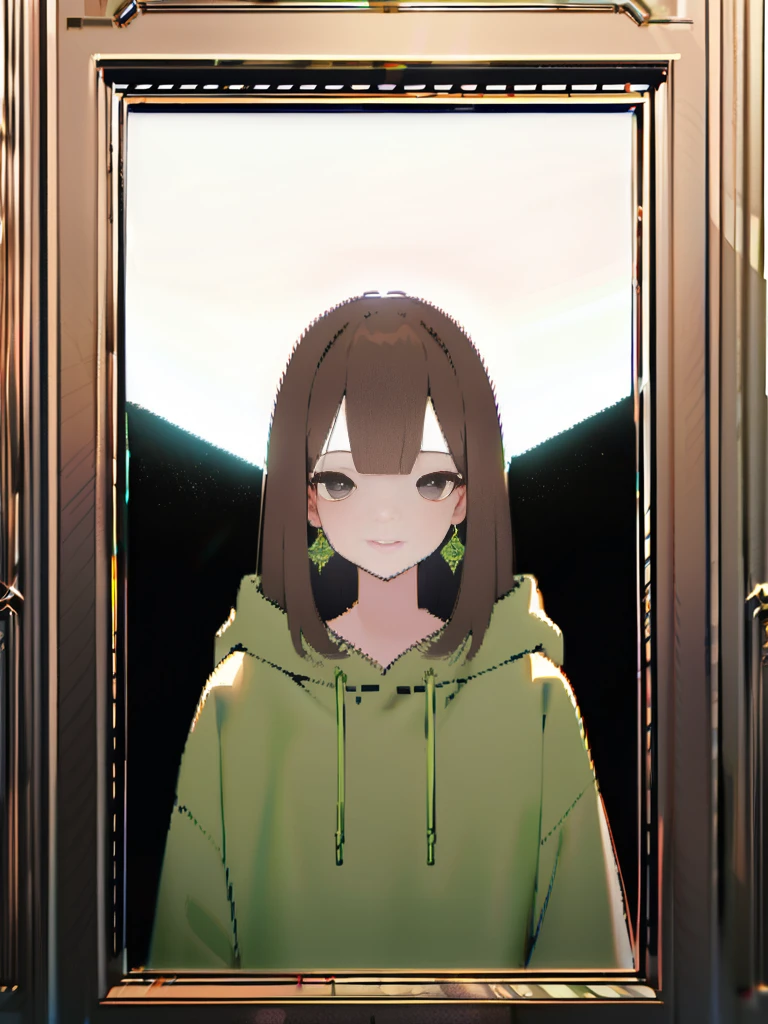 1 girl, alone,medium hair,((out of sight)),from the front,{smile},straight hair, brown hair, earrings,black eye,((green hoodie)),masterpiece,Super detailed,Flow tonight