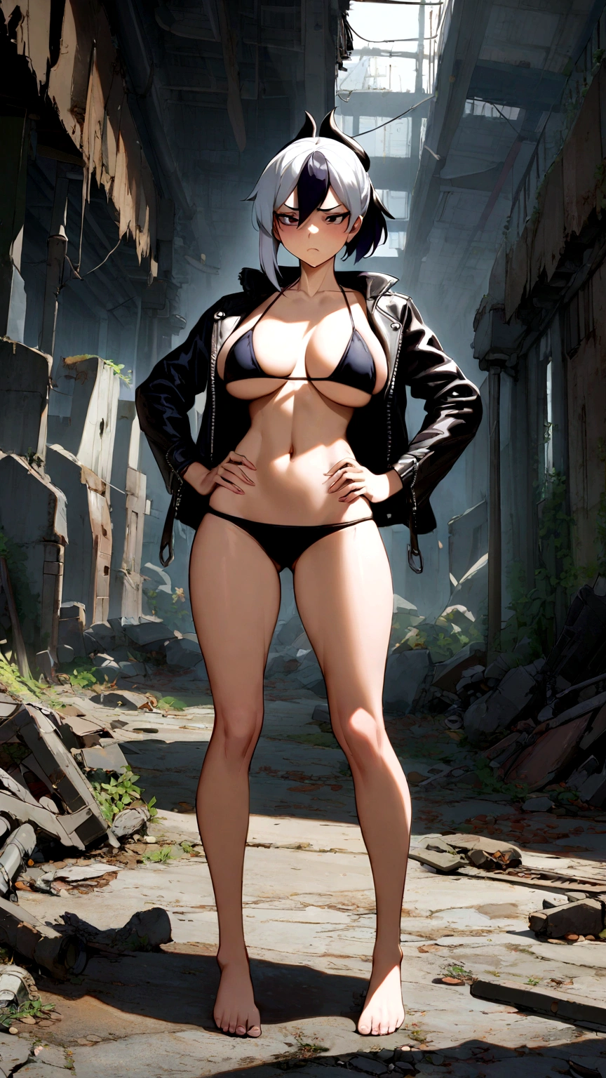 1womanl, Kayoko , short purple and white hair , (big boobies), shame face , black bikini , leather jacket , Abdomen , Legs long , hands on hips , Bare feet , abandoned factory