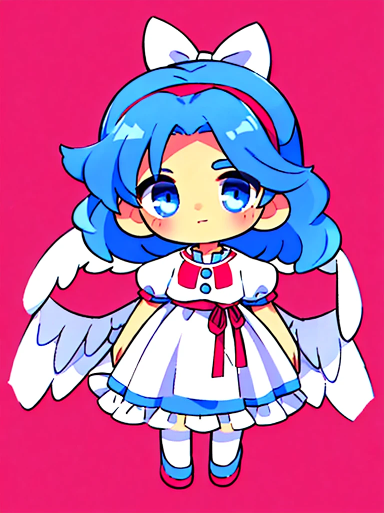 masterpiece, best quality, 1girl, , , 10 years old, medium blue hair, hair flaps, pink ribbon on head, well-formed face, blue eyes, angel girl, white blouse, puffy short sleeves, red ribbon, angel wings, long white skirt, red shoes, frills, ribbon head