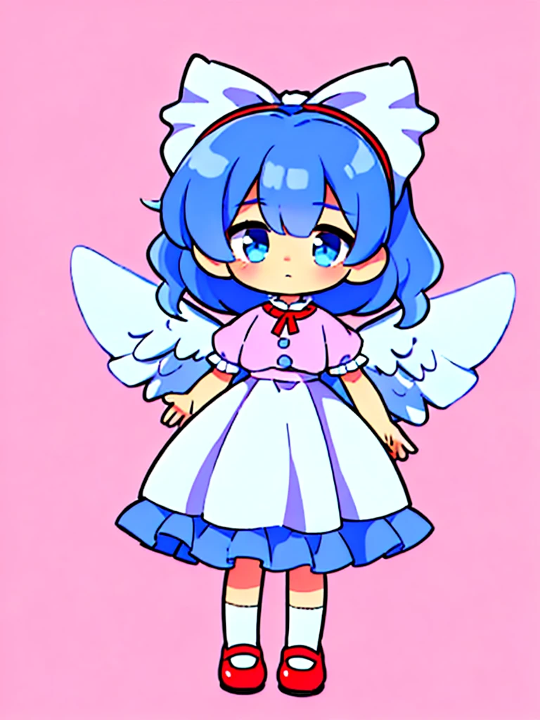 masterpiece, best quality, 1girl, , , , medium blue hair, hair flaps, pink ribbon on head, well-formed face, blue eyes, angel girl, white blouse, puffy short sleeves, red ribbon, angel wings, long white skirt, red shoes, frills, ribbon head