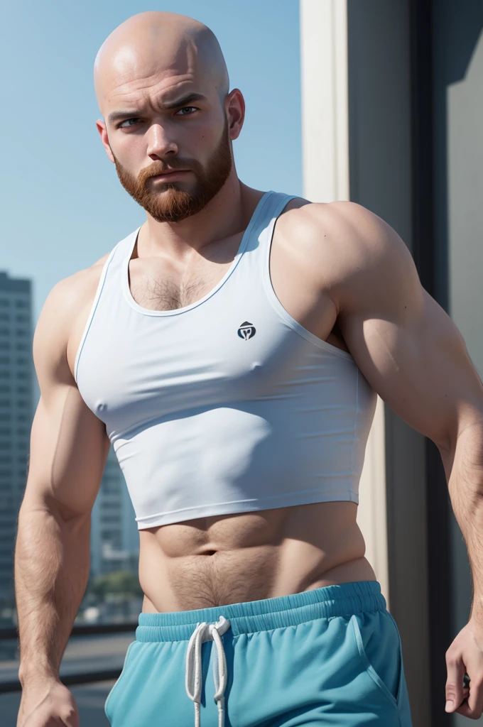 Create an image in high definition 8k realistic GTA6 effect of a 21-year-old man with slanted brown eyes, bald head, red beard and white tank top with very loose Cyclone shorts in light blue, Predominant colors are light blue, white and black