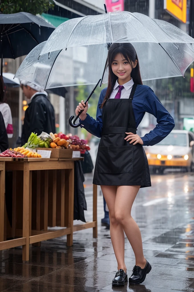 A 22-year-old girl selling umbrellas with umbrellas lined up(Wearing a miniskirt and apron)on a rainy day