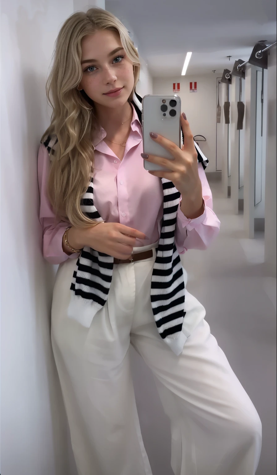 a one woman, americana, age 25, pale skin and freckles, grey-eyed, delicate nose, soft and delicate lips, distant, distant, wavy, waist-length blonde hair, Sweet smile, face with delicate feminine facial features, Highly Rendering