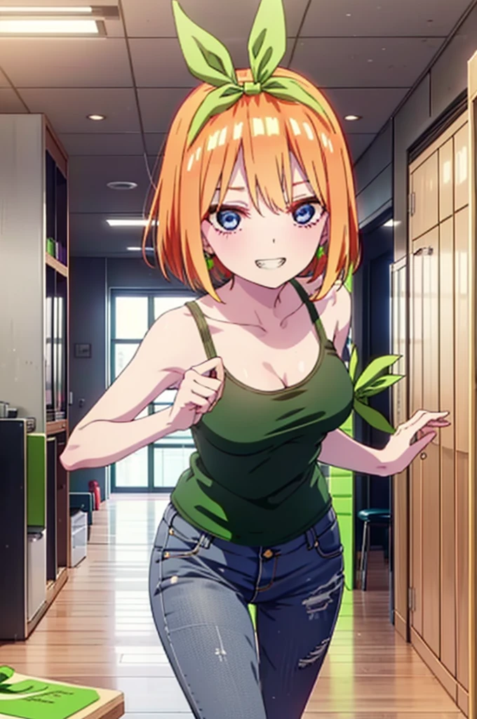 Yotsubanakano, Yotsuba Nakano, bangs, short hair, blue eyes, Hair between the eyes, hair ribbon, hair band, Orange Hair, (Green ribbon:1.5), ponytail,smile, Grin,Green tank top,Skinny jeans,Stiletto heels,There is a computer on the table,interior,Walking,whole bodyがイラストに入るように,
break indoors, オフィス
break looking at viewer, whole body,
break (masterpiece:1.2), Highest quality, High resolution, unity 8k wallpaper, (figure:0.8), (Beautiful attention to detail:1.6), Highly detailed face, Perfect lighting, Highly detailed CG, (Perfect hands, Perfect Anatomy),