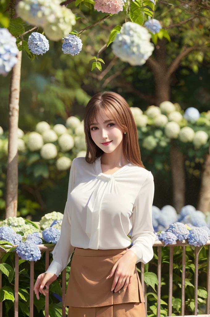Tabletop, Highest quality, shape, Very detailed, In detail, High resolution, 8k wallpaper, Perfect dynamic composition, Beautiful attention to detail, Wavy long hair,Big breasts and natural lips, Sexy pose,smile,25-year-old woman、Beautiful woman、Looking into the camera、Ultra-realistic、(((reality:1.5))),(((White blouse、skirt、Brown Hair、Dark Eyes、Big and beautiful eyes:1.5)))、Standing posture、(((One Woman:1.5))),(((Japanese、rain、garden、Beautiful hydrangea flowers)))