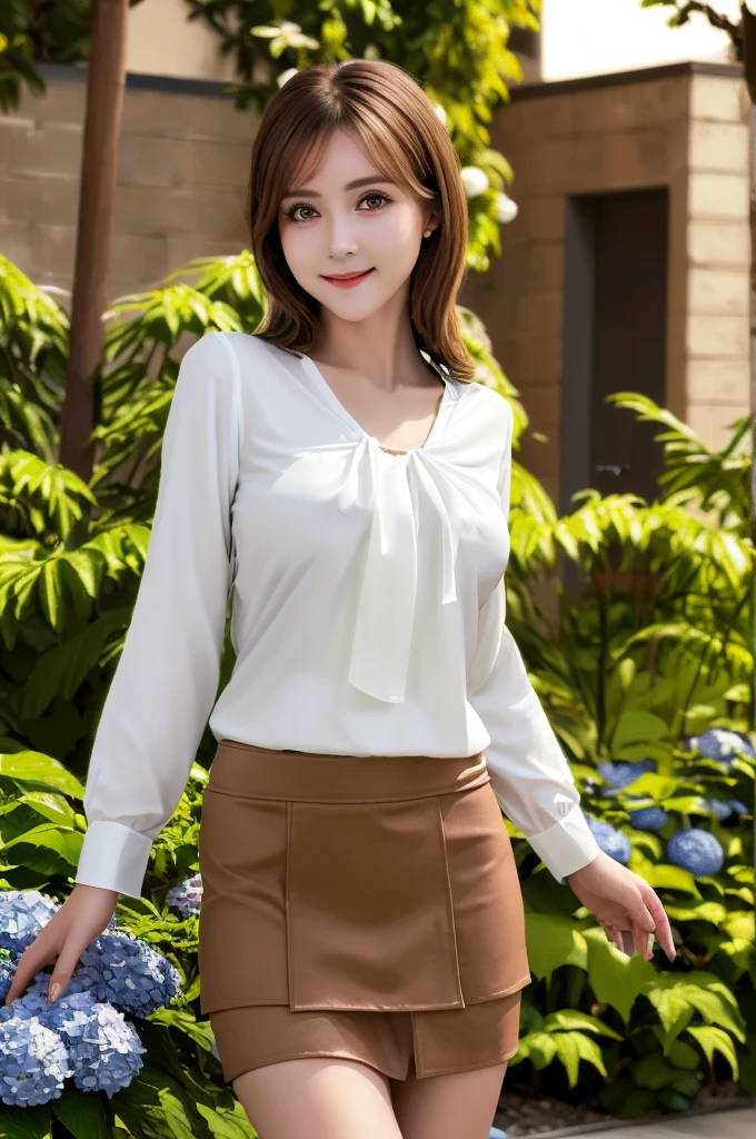 Tabletop, Highest quality, shape, Very detailed, In detail, High resolution, 8k wallpaper, Perfect dynamic composition, Beautiful attention to detail, Wavy long hair,Big breasts and natural lips, Sexy pose,smile,25-year-old woman、Beautiful woman、Looking into the camera、Ultra-realistic、(((reality:1.5))),(((White blouse、skirt、Brown Hair、Dark Eyes、Big and beautiful eyes:1.5)))、Standing posture、(((One Woman:1.5))),(((Japanese、rain、garden、Beautiful hydrangea flowers)))