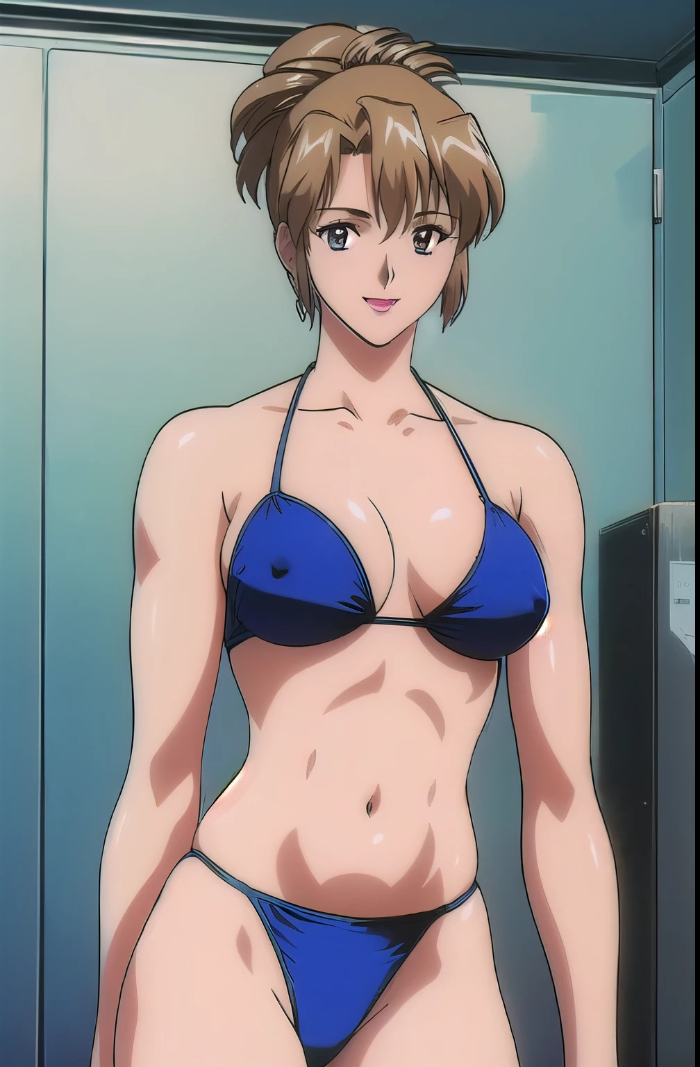 masterpiece, best quality, looking at viewer, (upper body:1.7), medium height, ultra detailed, (on-shoulders:1.5), (little biceps:1.25), (black hair), (smile:1.5), folded ponytail, locker room, bright image, (blue bikini:1.5), hot colors, closed fists, lip stick, smile, very big breasts with perky nipples, big cleavage, white skin, lights, high brightness, wide hips, groin line, white skin, (long belly:1.3)

