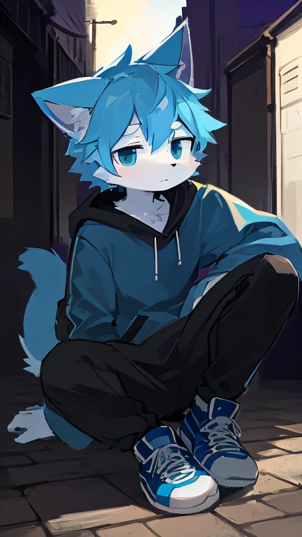 Anime furry, blue and white fur, blue hair with white accents in the center, cat style, white ears in outside and with gray inside, blue tail with white pattern in the top, kemono style, 2D anime style wearing blue sweatshirt and black sneakers with white line pattern, wearing a light blue open hoodie, and a black shirt inside, with a small square necklace, Single character full body, 2 d style, full body adoptable, full body single character, 2d anime, full body portrait, full body character, anime style character, Anime boy.