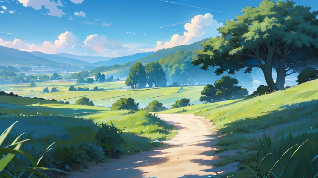 The image depicts a serene landscape scene with a clear blue sky dotted with fluffy white clouds. In the foreground, tall green grasses sway gently, partially obscuring the view of a sandy path that leads towards the horizon. The path is bordered by lush green trees and bushes, suggesting it might be a rural or less-traveled area. No people are visible in the image, adding to the sense of tranquility and isolation. The overall impression is one of peaceful solitude, as if inviting the viewer to take a quiet walk through nature.