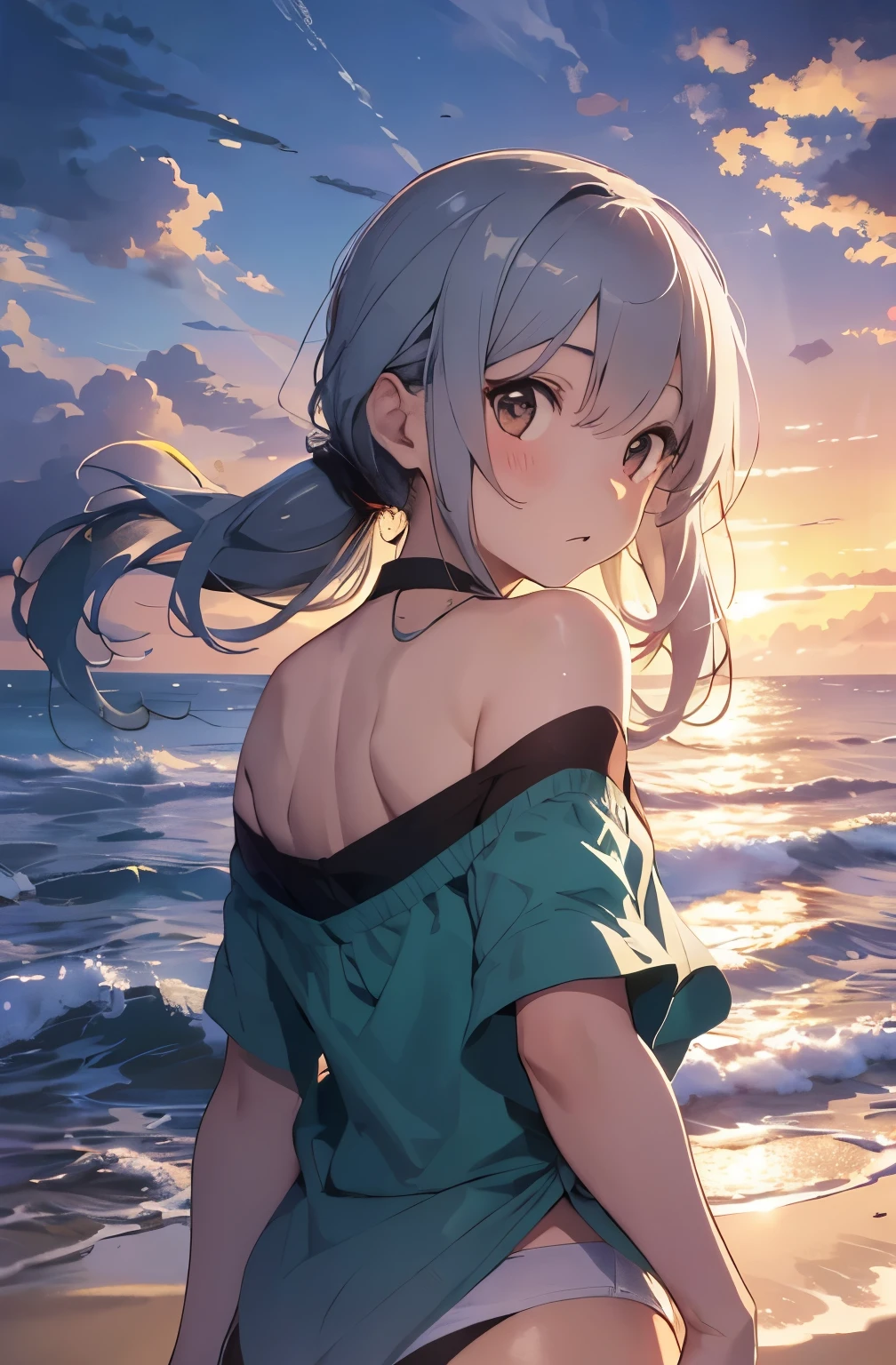 Silver-haired girl drawn in high resolution Japanese anime style、Standing alone on the white sand beach of a deserted island。She is topless、topless、Her hair is in a ponytail that sparkles in the light....。The sea in the background shines emerald green....、The beach is littered with shells and pebbles.、time々、Small waves gently wash up on the shore。Tropical wood々Swaying in the Wind、Mr....々Among the branches々Birds are singing..。wood々Colorful flowers blooming in abundance、The entire island is filled with abundant nature....。On the horizon of a distant sea、The setting sun casts a beautiful orange glow over the ocean.、It gives the whole place a mystical feel....。、Wakame seaweed、Wakame seaweed、Wakame seaweed、Wakame seaweed、Wakame seaweed、Wakame seaweed、