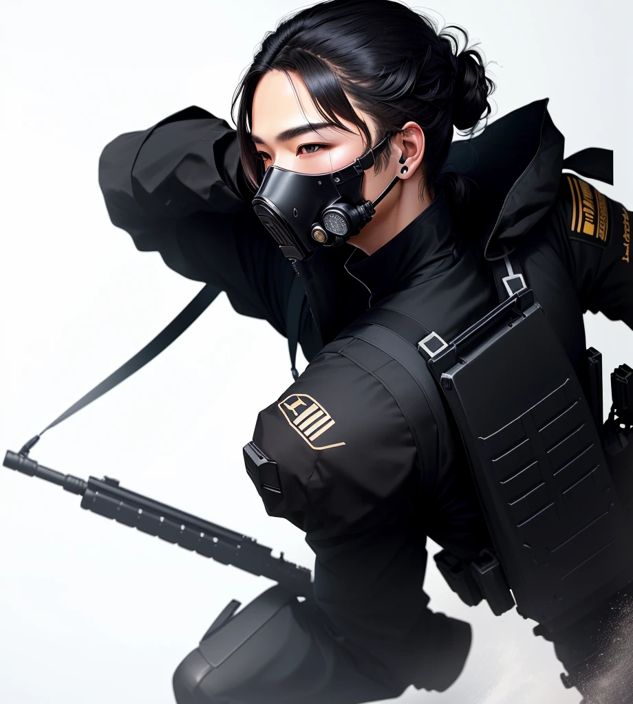 Silhouette of a soldier with a gun, 人物contour, 详细contour, Black silhouette, White background上孤立, White background, Full body close-up, Soldier with gas mask, Single silhouette, High-quality images, 人的contour, Logo without text, 人体contour, 一个男人的contour, contour, HD illustrations