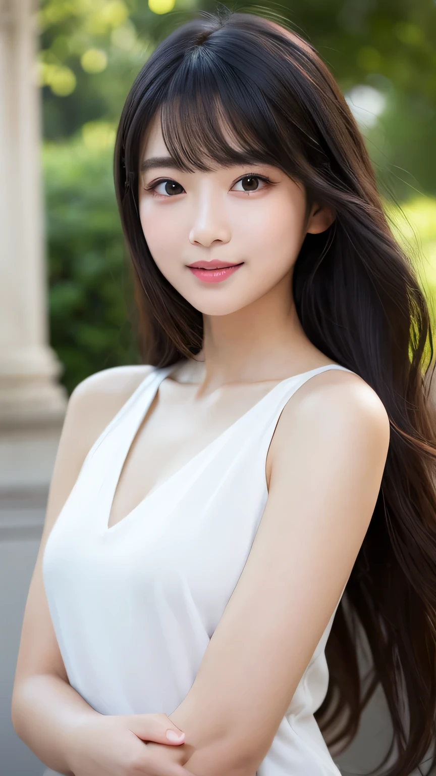 cute女の子、Famous Idol、cute、D Cup、Real Body、Fair skin、Glowing Skin、Slender body、Good style、Black Hair、Straight Long Hair（Bangs 1.2）、、Accentuates the neckline, shoulders and chest。The lighting is soft and evenly distributed.、It highlights her light skin and the soft waves of her hair.。The facial expression is friendly and approachable、The slight tilt of the head adds a playful touch to the scene.。The focus is on her face and upper body、There are no other elements in the background、It highlights her presence。Facing forward