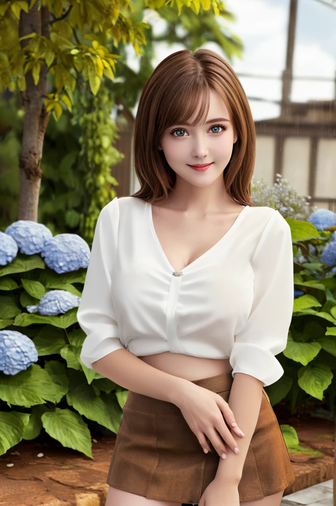 Tabletop, Highest quality, shape, Very detailed, In detail, High resolution, 8k wallpaper, Perfect dynamic composition, Beautiful attention to detail, Wavy long hair,Big breasts and natural lips, Sexy pose,smile,25-year-old woman、Beautiful woman、Looking into the camera、Ultra-realistic、(((reality:1.5))),(((White blouse、mini skirt、Brown Hair、Dark Eyes、Big and beautiful eyes:1.5)))、Standing posture、(((One Woman:1.5))),(((Japanese、rain、garden、Beautiful hydrangea flowers)))