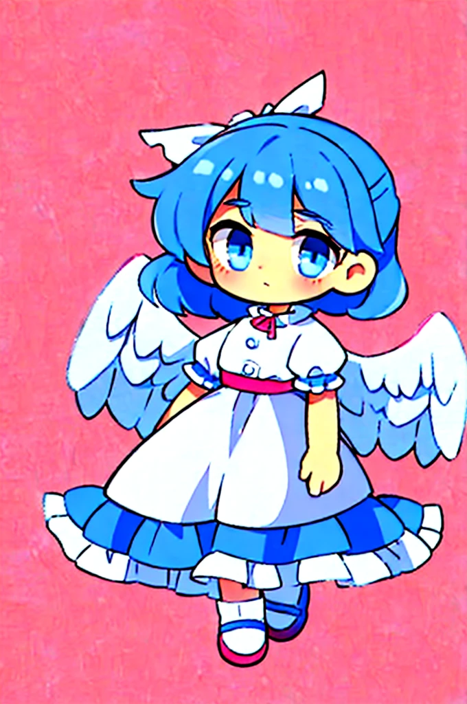 masterpiece, best quality, 1girl, , , 10 years old, medium blue hair, hair flaps, pink ribbon on head, well-formed face, blue eyes, angel girl, white blouse, puffy short sleeves, red ribbon, angel wings, long white skirt, red shoes, frills, ribbon head