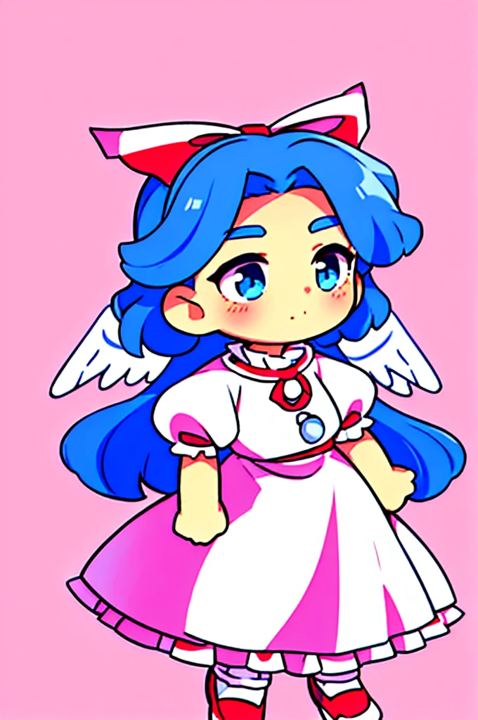 masterpiece, best quality, 1girl, , , 10 years old, medium blue hair, hair flaps, pink ribbon on head, well-formed face, blue eyes, angel girl, white blouse, puffy short sleeves, red ribbon, angel wings, long white skirt, red shoes, frills, ribbon head