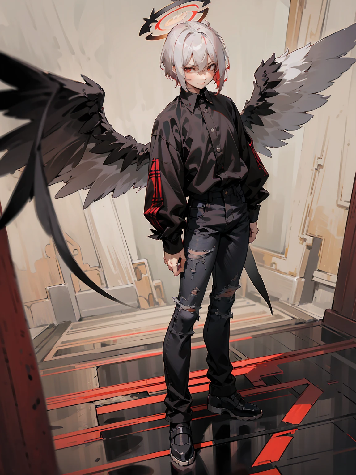 1male, Adult, Two Tone Hair, Crimson and White Hair, Short Hair, Undercut Hair, Red Angel Halo, Black Wings, Golden Eyes, Smirk, Black Flannel Shirt, Black Ripped Jeans, Standing On Path