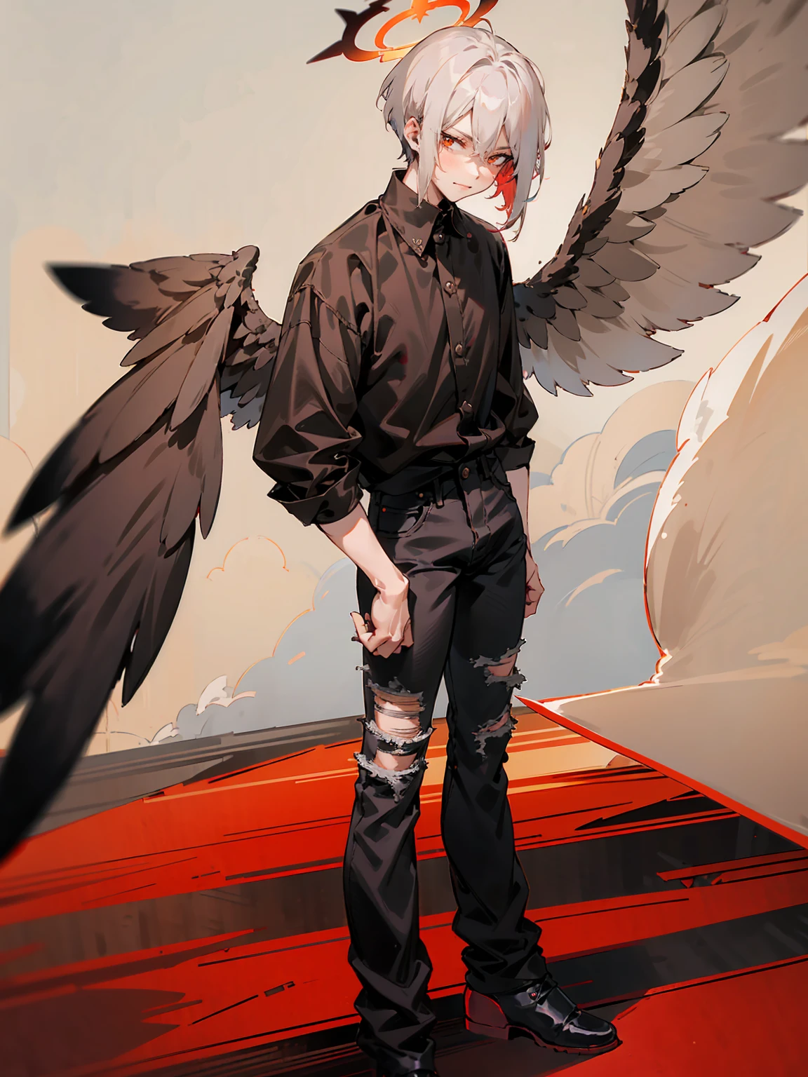 1male, Adult, Two Tone Hair, Crimson and White Hair, Short Hair, Undercut Hair, Red Angel Halo, Black Wings, Golden Eyes, Smirk, Black Flannel Shirt, Black Ripped Jeans, Standing On Path