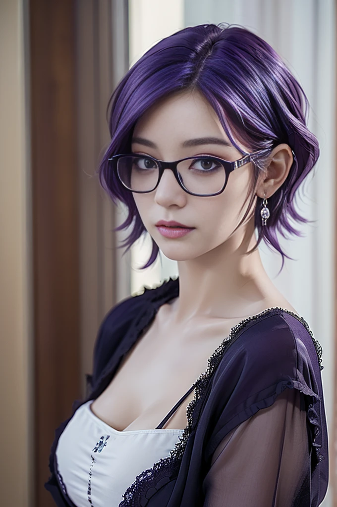 (masterpiece), (Highest quality), (High resolution), detailed, (複雑なdetailed 1.2), (Hyper detailed 1.4), (Gorgeous Digital Art 1.2), One girl, Mature Woman, masterpiece, spouse, goddess,short hair ,((Purple Hair)),Glasses