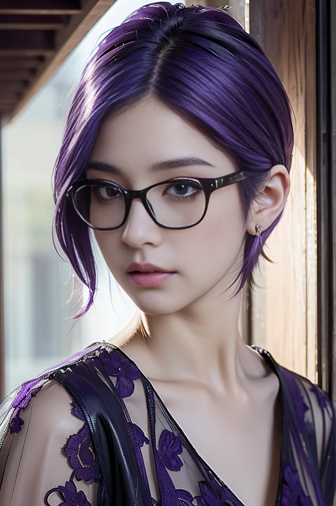 (masterpiece), (Highest quality), (High resolution), detailed, (複雑なdetailed 1.2), (Hyper detailed 1.4), (Gorgeous Digital Art 1.2), One girl, Mature Woman, masterpiece, spouse, goddess,short hair ,((Purple Hair)),Glasses