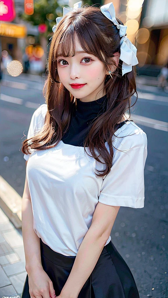(8K, Raw photography,top-quality, hight resolution:1.1), (hyper realisitic:1.4),(realisitic, Photorealsitic:1.3), Soft light,large full breasts,girl with,Lifelike face,Realistic body,real looking skin,absurderes,masterpiece,(cute little:1.8), Cuties, solo, (huge-breasted:1.2), Detailed black eyes,Innocent eyes,blusher,(tshirts:1.2),Cinema Lights,Film grain,jewely,earrings,((Medium Hair:1.1)),((Floating Hair Nova FrogStyle)),cherry colored lips,Hair Ribbon,Hair Bow,poneyTail,a closeup,looking at viewert,length hair, The upper part of the body, Open lips, Upper teeth, (smile eyes:0.6), ((Grinning:1.2)),depth of fields, blurry backround, eyes focus, bokeh,young, 85mm lens, F/1.4,professionally lit, young,portlate,Photon mapping,Radio City,physically-based renderingt/no-good,large full breasts,