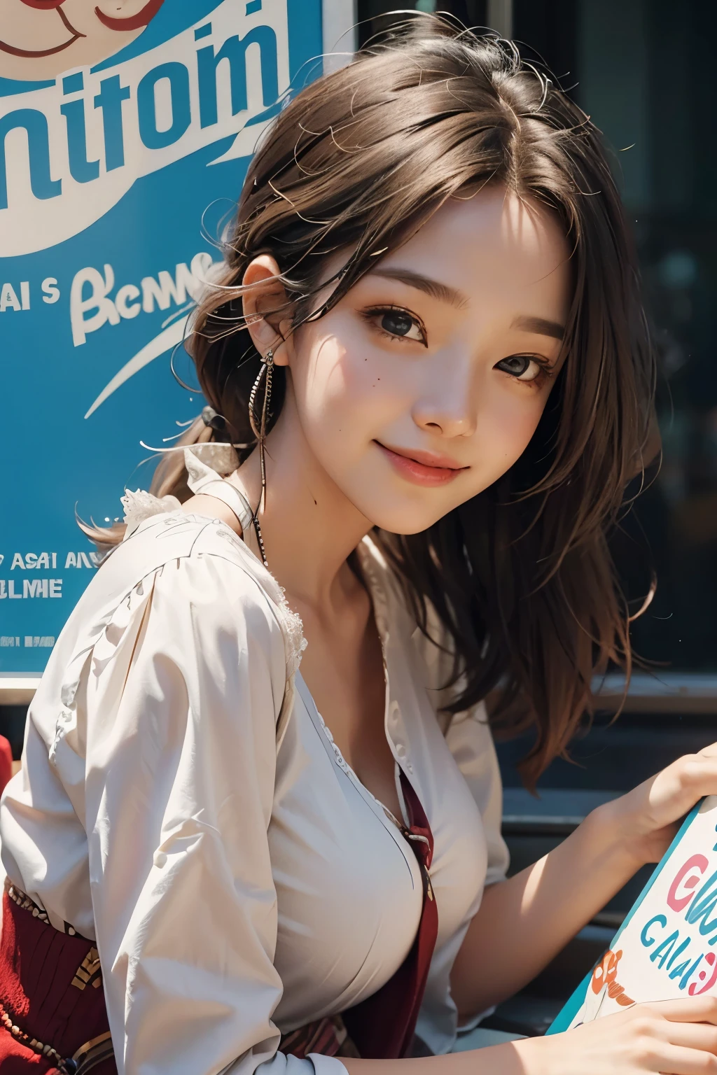 Close-up of a poster of a woman in a lively mood, Children's movie promotional image, movie poster, Animated Poster Movie Still Portrait, bloodstained clothes, Official Poster, Promotional poster, very - high - budget 영화, The girl is running,