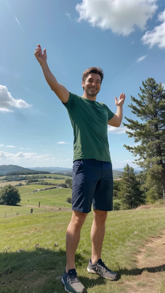 Generate a realistic photo of a man standing on a hill with his arms outstretched. The hill should be covered in green grass, with a clear blue sky in the background. The man should not be facing the camera, wearing casual outdoor clothing, and looking happy and free.