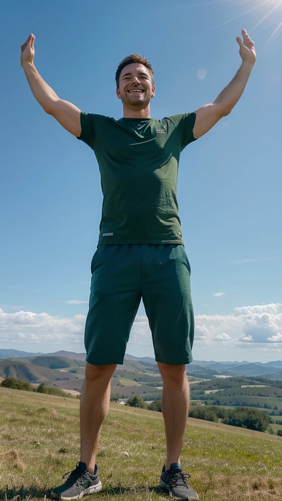 Generate a realistic photo of a man standing on a hill with his arms outstretched. The hill should be covered in green grass, with a clear blue sky in the background. The man should not be facing the camera, wearing casual outdoor clothing, and looking happy and free.