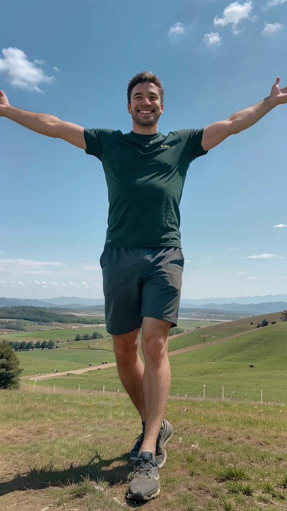 Generate a realistic photo of a man standing on a hill with his arms outstretched. The hill should be covered in green grass, with a clear blue sky in the background. The man should not be facing the camera, wearing casual outdoor clothing, and looking happy and free.