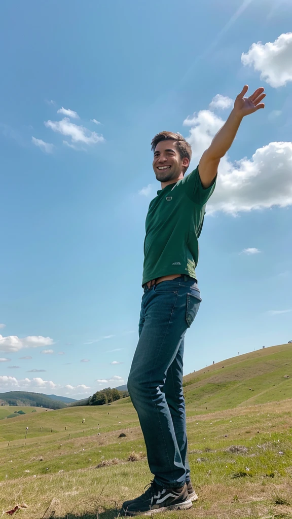 Generate a realistic photo of a man standing on a hill with his arms outstretched. The hill should be covered in green grass, with a clear blue sky in the background. The man should not be facing the camera, wearing casual outdoor clothing, and looking happy and free.