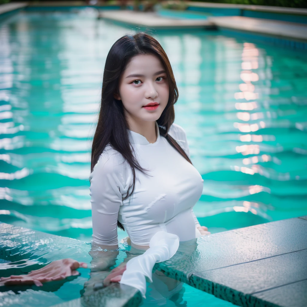 big breasts, round breasts, wearing bra inside ao dai, slim figure, beautiful figure, big breasts, long straight hair, ((sharp 8k quality photo)), ((details of beautiful, sharp face, face balanced) cho)), ((beautiful breasts, exposed cleavage, plump body), ((beautiful sparkling eyes, sharp eye details, beautiful face, balanced eyes)), swimming in the pool, whole body wet, there are many people in the pool, it's raining, there's a rainbow((super beautiful body with high details, tight body with big bust and slim waist)), ((round breasts))