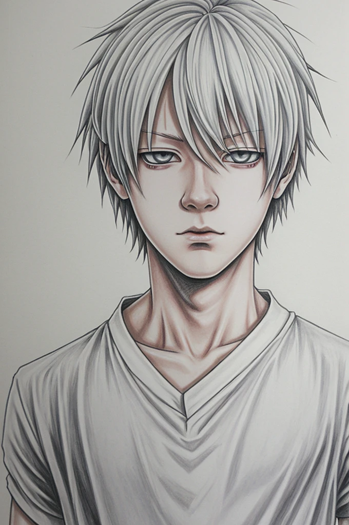 Death note style drawing of an albino boy with white clothes and gray eyes