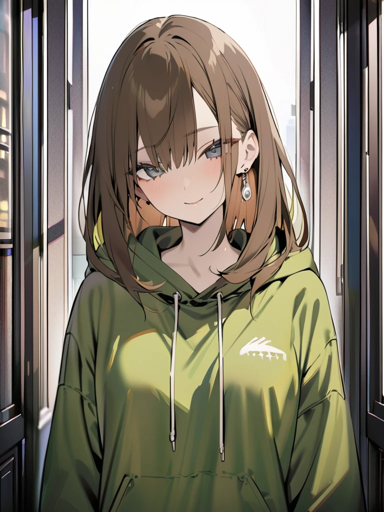 1 girl, alone,medium hair,((out of sight)),from the front,{smile},straight hair, brown hair, earrings,black eye,((green hoodie)),masterpiece,Super detailed,Flow tonight