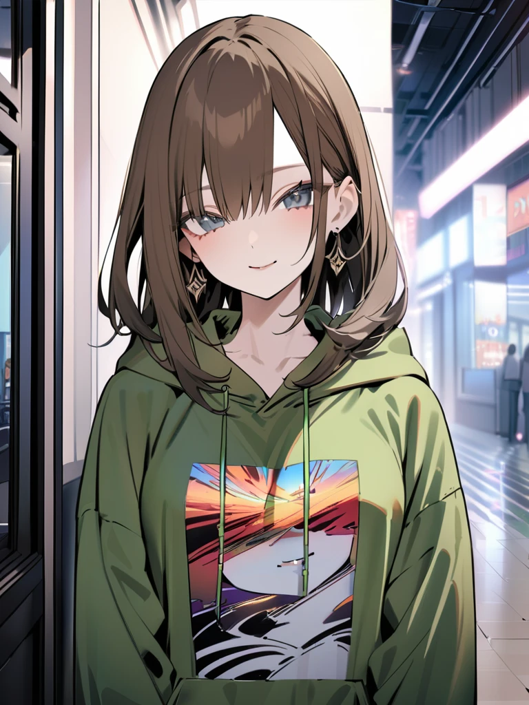 1 girl, alone,medium hair,((out of sight)),from the front,{smile},straight hair, brown hair, earrings,black eye,((green hoodie)),masterpiece,Super detailed,Flow tonight