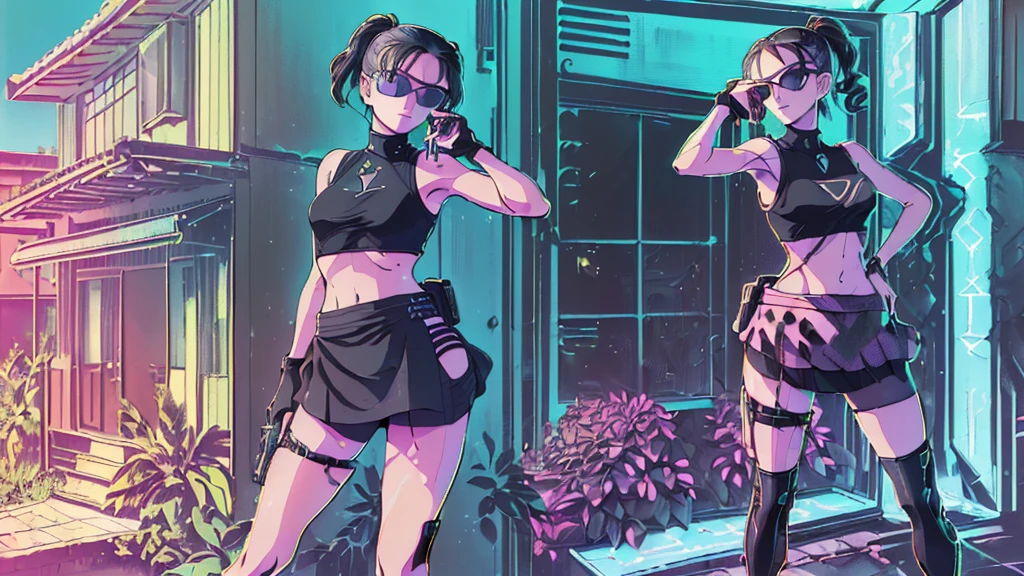 retrowavetech, virtual, House, (master part), no deserto, organic architecture, Floresta, Windows. sexy woman, tank top, (((miniskirt, black sunglasses, pistol shooting pose, standing, leaning forward))), (((((half-body thigh level medium shot)))))