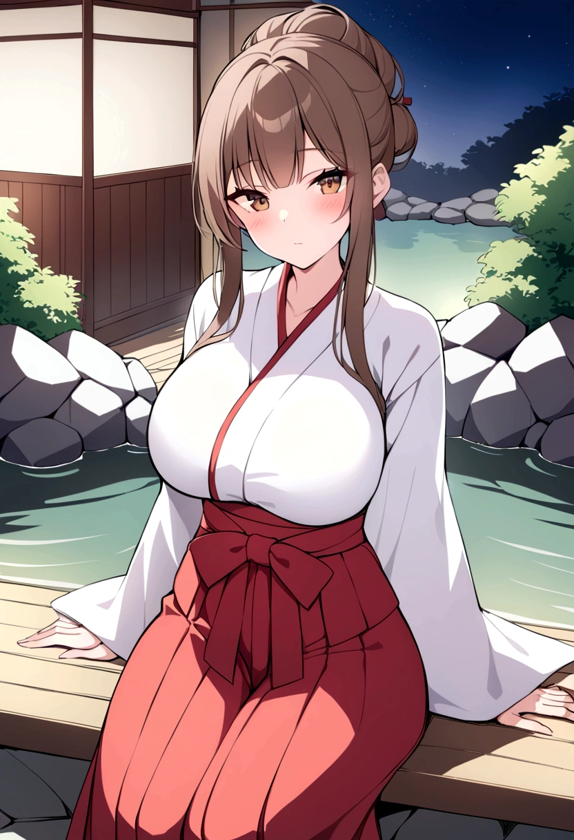 slender, mature female, 1girl, japanese_clothes, breasts, onsen, miko,  red_hakama, blush,  large_breasts, looking_at_viewer, solo, steam, eyebrows_visible_through_hair, bangs,kimono,  brown_hair, brown_eyes,hakama,  sidelocks, white_kimono, wide_sleeves,night, sitting, closed_mouth, long_hair, outdoors, folded_ponytail, water