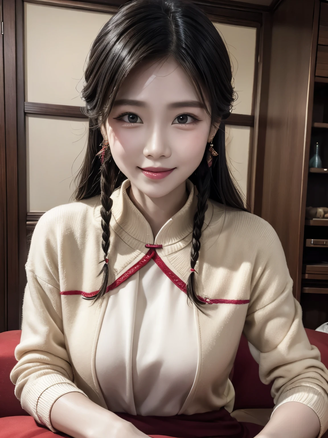 Eyes are very fragile，Double braids with cheongsam，Chinese New Year Decorations（（Smiling artwork）））， （（best quality））， （（Intricate details））， （（Surreal））（8K）