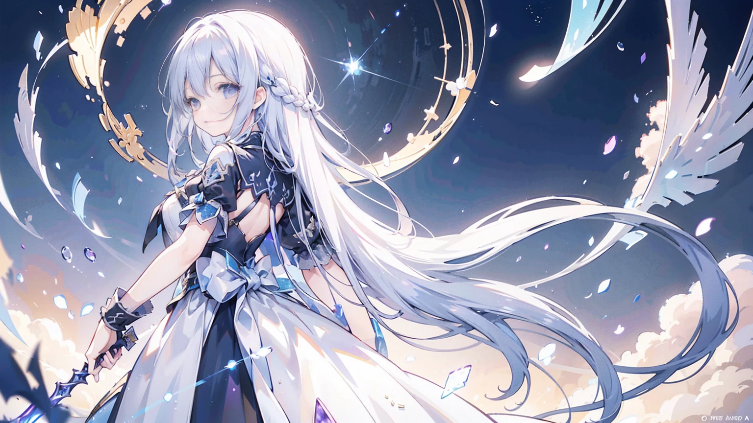 This image is a digital artwork inspired by anime and manga, exuding a fantasy atmosphere. In the center, there is a character with long silver hair, elegantly dressed in a combat outfit with black and gray armor. She carries a large sword on her back, its hilt extending towards the sky.

Surrounding the character are fragments of blue-purple crystals or mirror-like pieces floating in the air, reflecting light. The background consists of a sky with clouds, with mysterious light seemingly descending from the sky. Additionally, between the foreground and background of the image, the word "Igallta" is scattered in various directions in alphabets and symbols.

The use of light and shadow, the dynamic pose of the character, and the floating objects create a sense of visual depth and movement in the image. Overall, this artwork is narrative, prompting viewers to imagine the story behind the character.