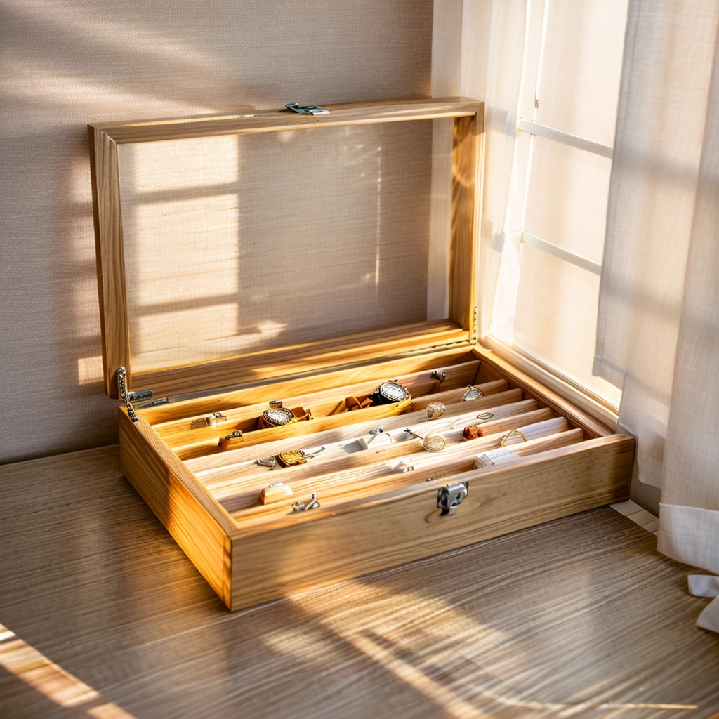 In this cozy room,A ray of sunlight shone through the half-drawn curtains on the table,Let the wood grain on the watch storage box shine with a faint luster。There was a calm and peaceful atmosphere in the air around them。There are several still lifes hanging on the walls of the room,It adds a touch of elegance to the space。And on the other side of the room,The half-open window lets in the breeze,The pages on the small desk by the window turned in the wind,This quiet scene gives a sense of tranquility and comfort。