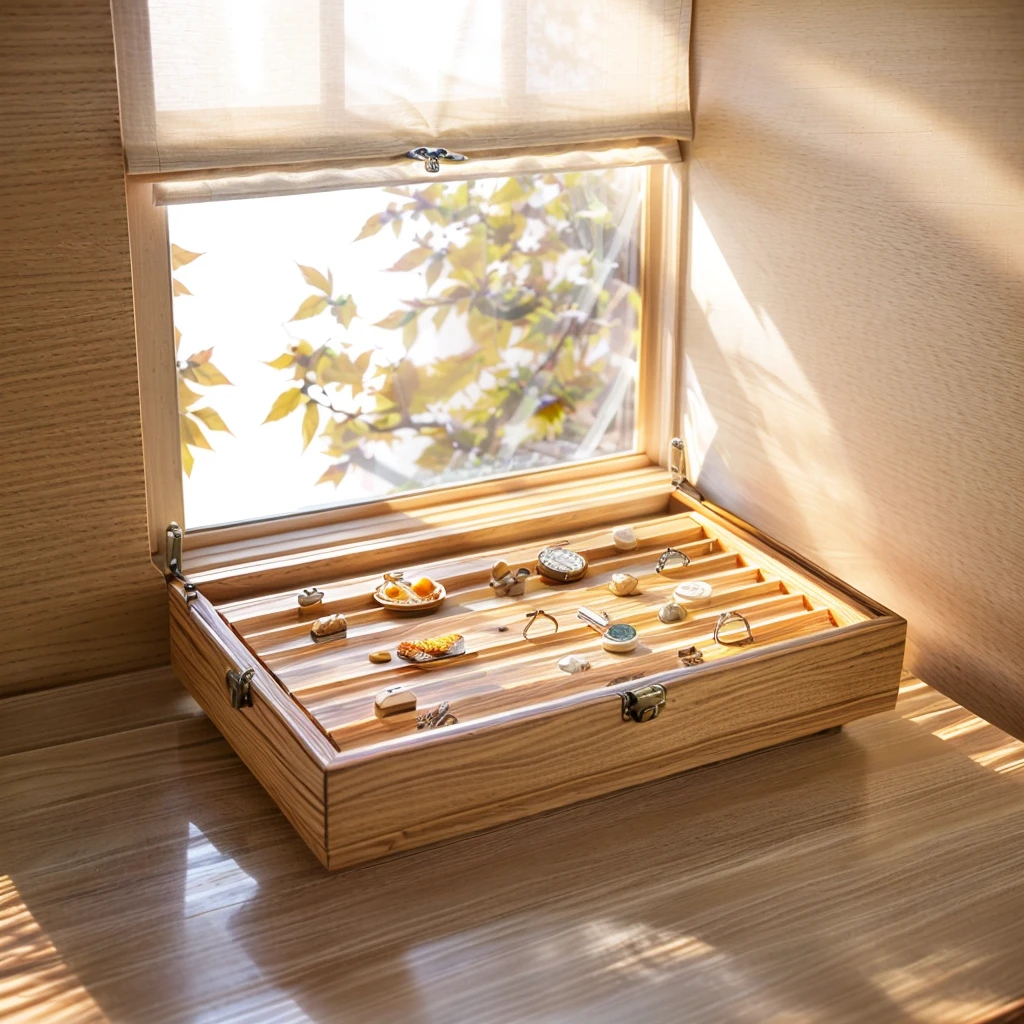 In this cozy room,A ray of sunlight shone through the half-drawn curtains on the table,Let the wood grain on the watch storage box shine with a faint luster。There was a calm and peaceful atmosphere in the air around them。There are several still lifes hanging on the walls of the room,It adds a touch of elegance to the space。And on the other side of the room,The half-open window lets in the breeze,The pages on the small desk by the window turned in the wind,This quiet scene gives a sense of tranquility and comfort。