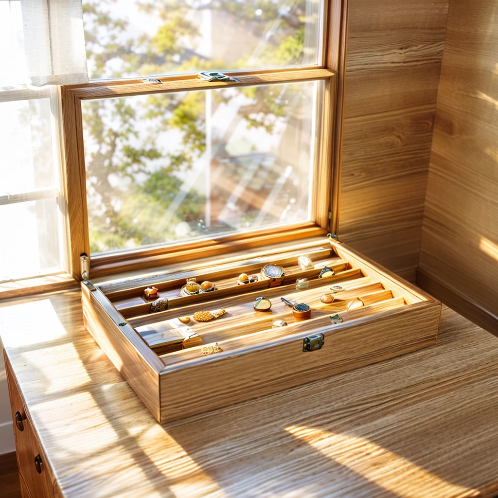 In this cozy room,A ray of sunlight shone through the half-drawn curtains on the table,Let the wood grain on the watch storage box shine with a faint luster。There was a calm and peaceful atmosphere in the air around them。There are several still lifes hanging on the walls of the room,It adds a touch of elegance to the space。And on the other side of the room,The half-open window lets in the breeze,The pages on the small desk by the window turned in the wind,This quiet scene gives a sense of tranquility and comfort。