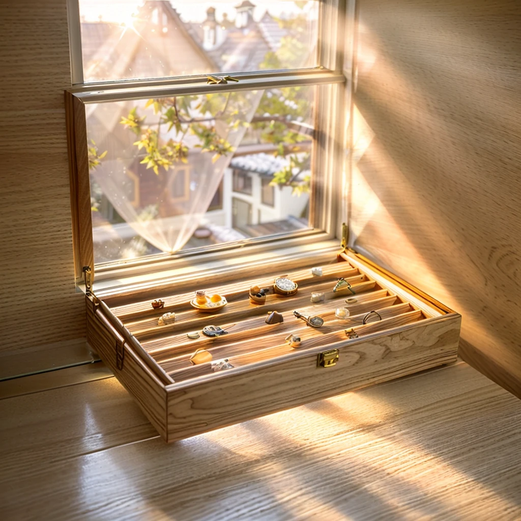 In this cozy room,A ray of sunlight shone through the half-drawn curtains on the table,Let the wood grain on the watch storage box shine with a faint luster。There was a calm and peaceful atmosphere in the air around them。There are several still lifes hanging on the walls of the room,It adds a touch of elegance to the space。And on the other side of the room,The half-open window lets in the breeze,The pages on the small desk by the window turned in the wind,This quiet scene gives a sense of tranquility and comfort。