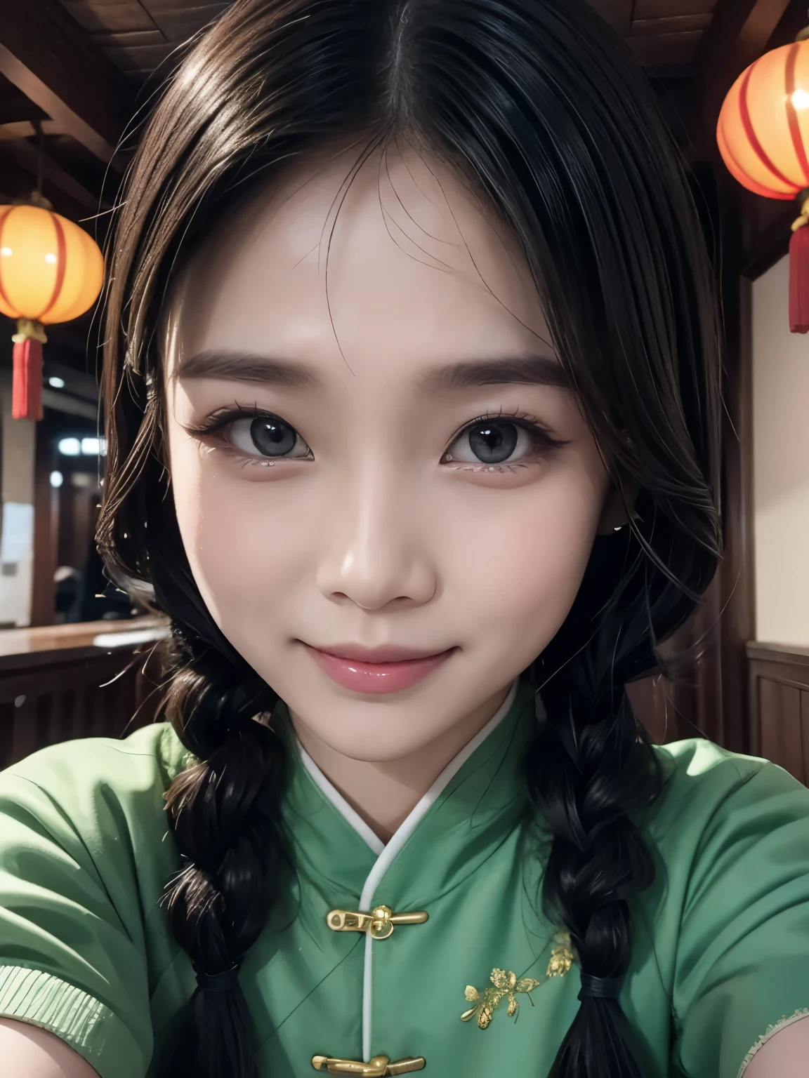 Eyes are very fragile，Double braids with cheongsam，Chinese New Year Decorations（（Smiling artwork）））， （（best quality））， （（Intricate details））， （（Surreal））（8K）